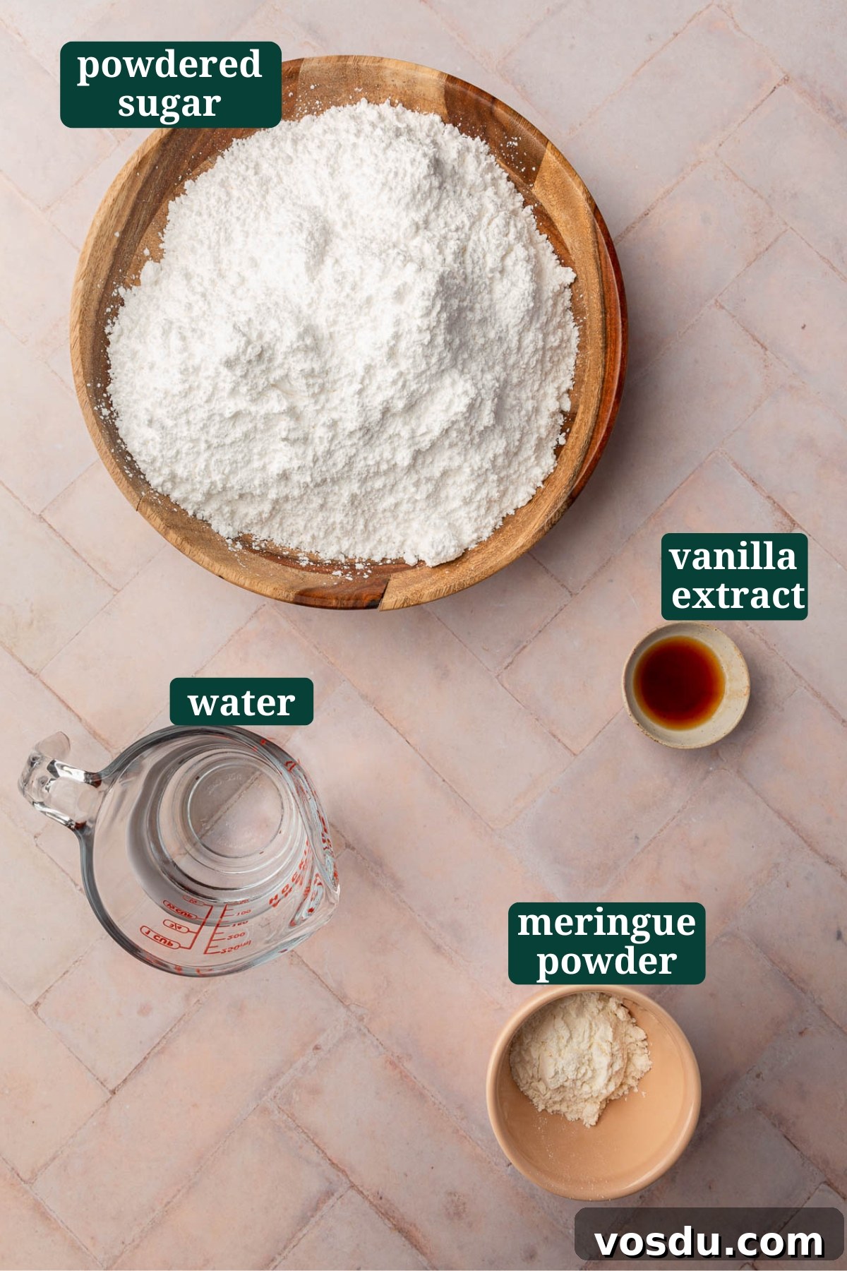 Perfect Royal Icing Recipe: Smooth, Glossy, and Pipe-Ready 3 Ingredients in bowls to make royal icing, including powdered sugar, water, vanilla extract and meringue powder with text overlays over each ingredient.