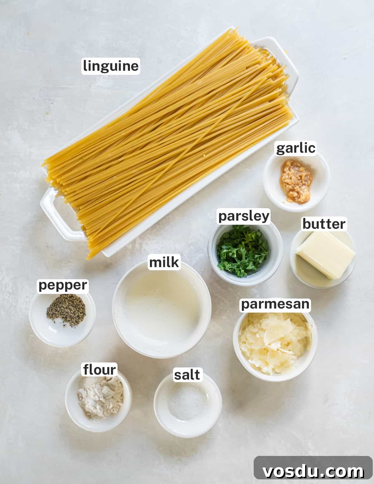 Creamy Parmesan Noodles with Garlic and Herbs 4 The ingredients for Parmesan Noodles with text.