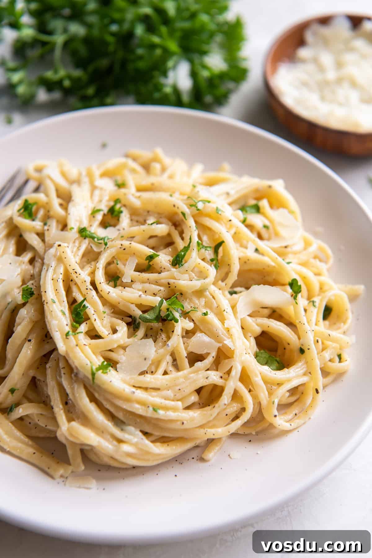 Creamy Parmesan Noodles with Garlic and Herbs 5 Parmesan noodles on a white plate with parsley and Parmesan in the background.