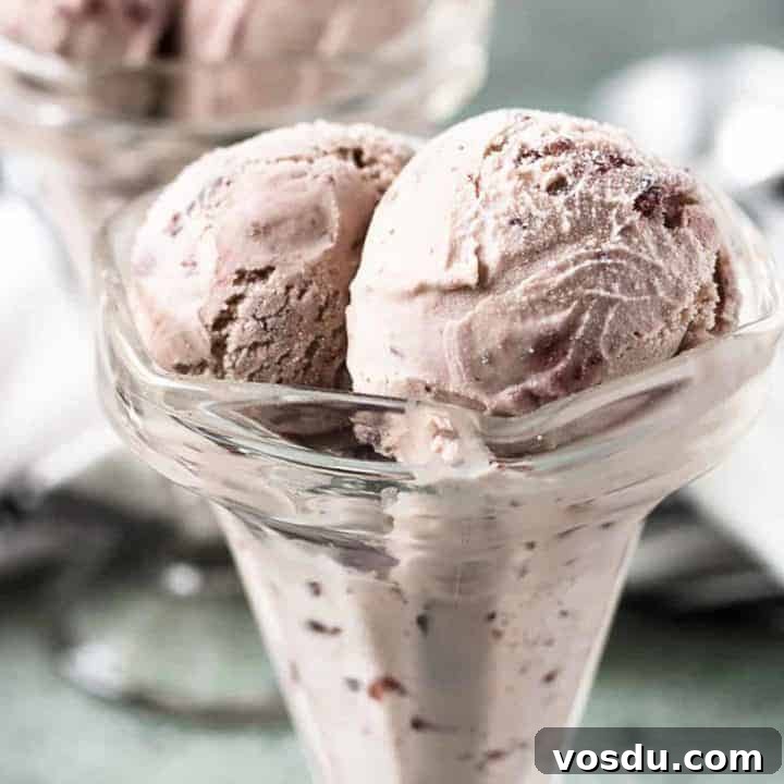 Scoops of cherry ice cream in a glass ice cream holder.