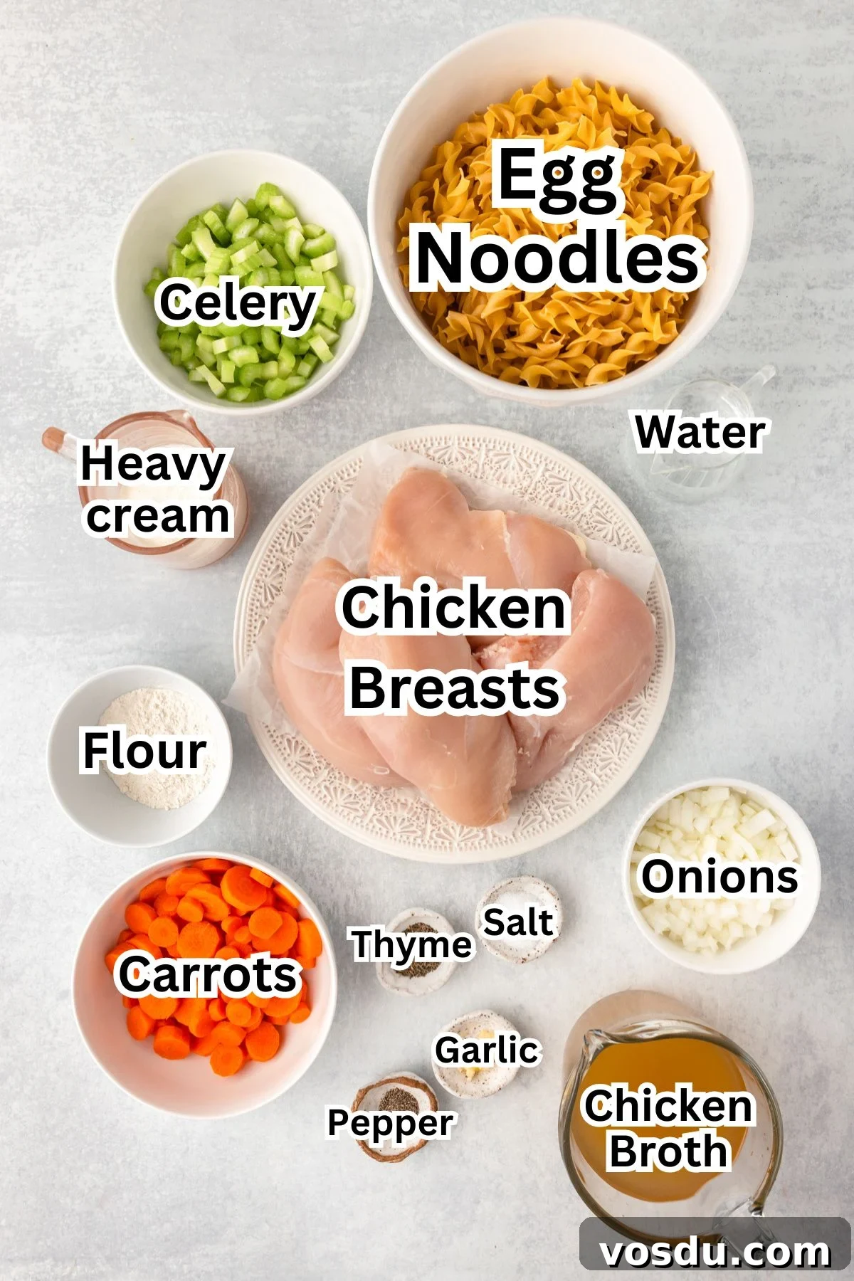 Creamy Slow Cooker Chicken Noodle Soup Recipe 3 Top-down view of bowls containing slow cooker chicken and noodles.