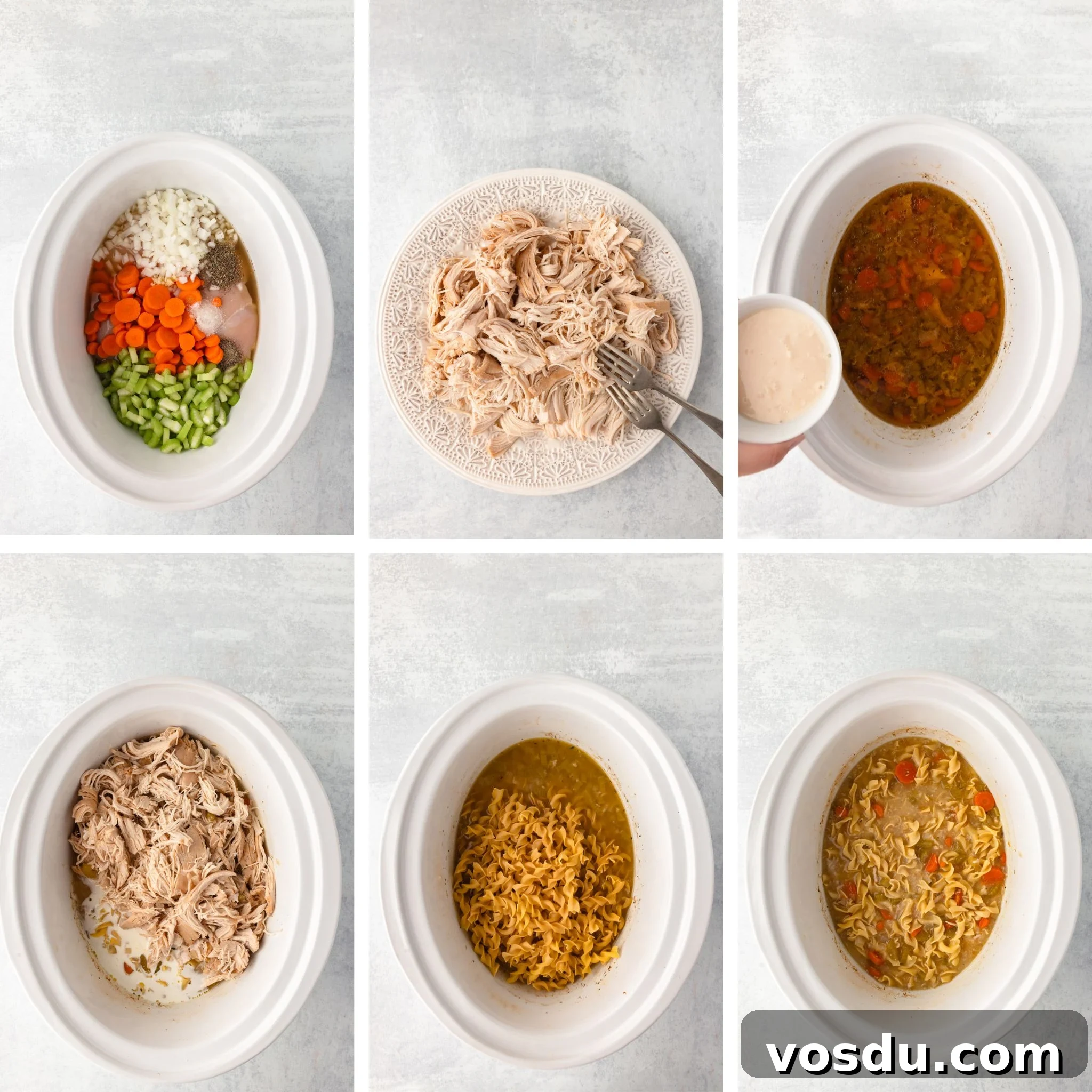 Creamy Slow Cooker Chicken Noodle Soup Recipe 4 Six-step collage showing Slow Cooker Chicken and Noodles.