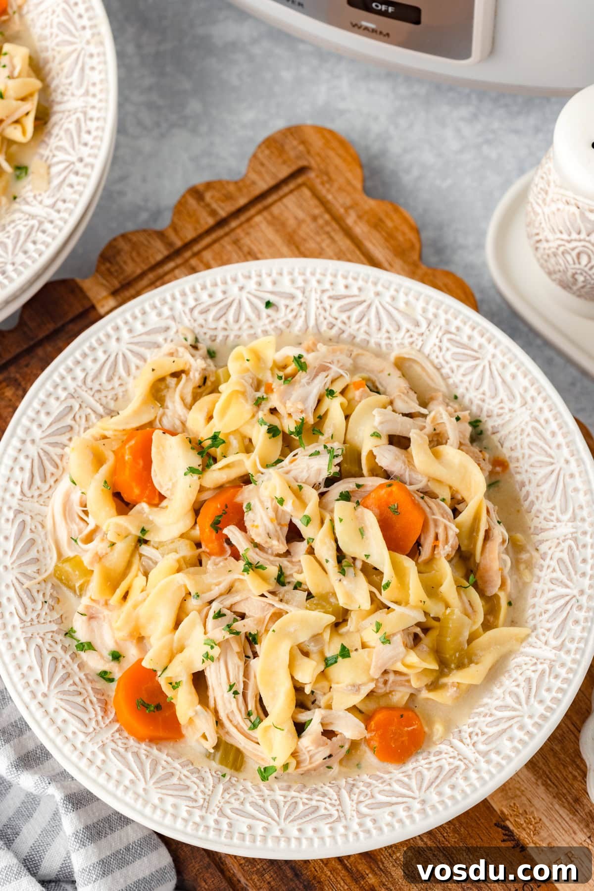 Creamy Slow Cooker Chicken Noodle Soup Recipe 5 A decorative white plate filled with Slow Cooker Chicken and Noodles.