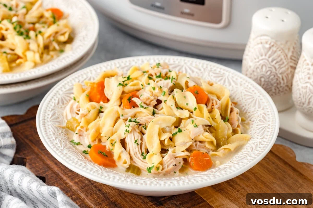 Creamy Slow Cooker Chicken Noodle Soup Recipe 6 A bowl of Slow Cooker Chicken and Noodles on wood board.