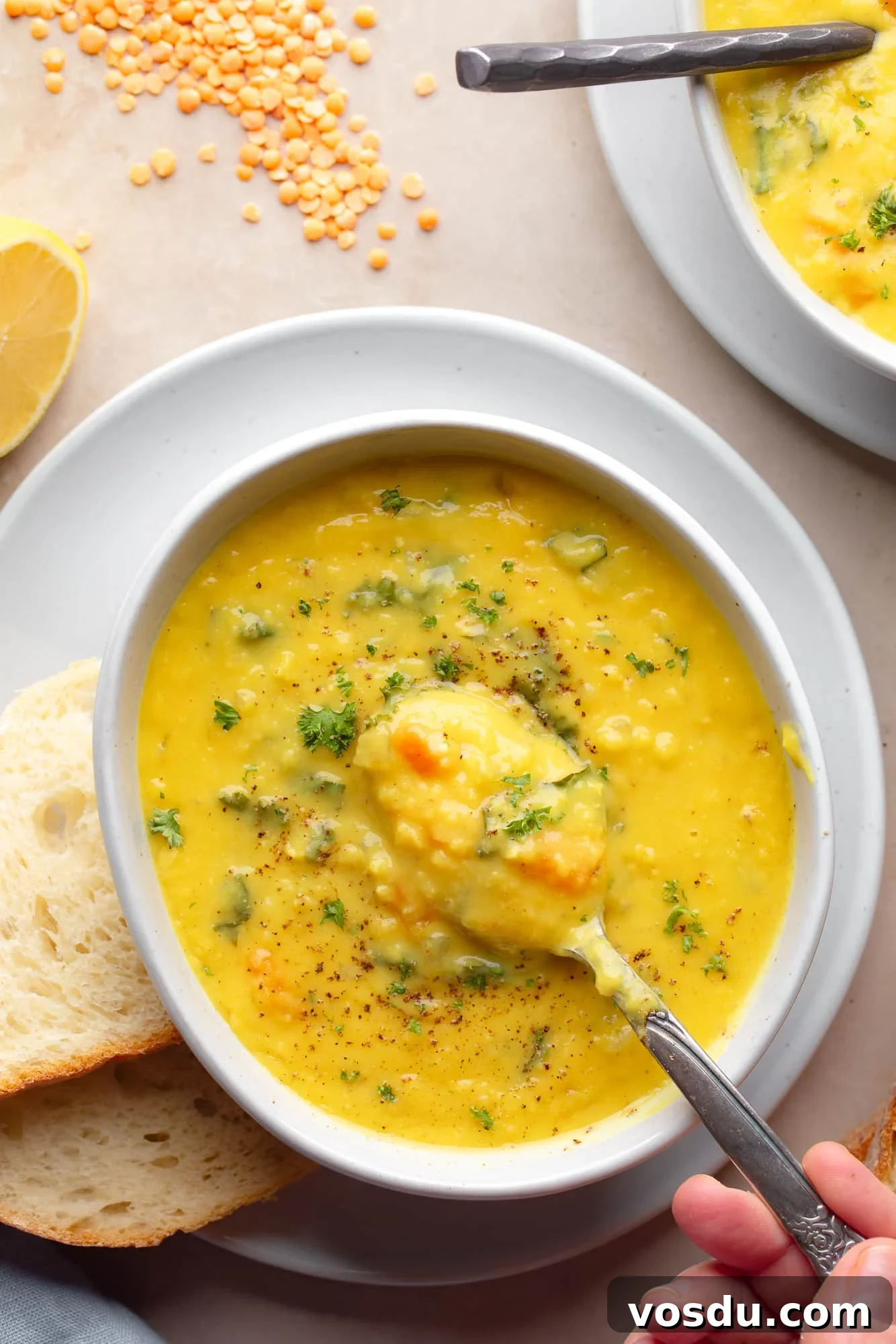 Zesty Lemon Lentil Soup Recipe for Bright, Comforting Meals 9 a womans hand lifting a spoon from a bowl of lemon lentil soup.