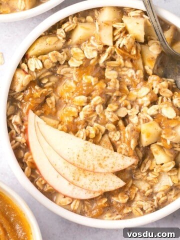 A bowl of apple pie overnight oats topped with apple slices and with a spoon in it.