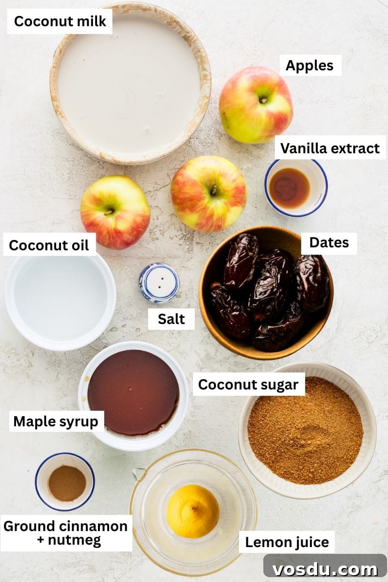 Baked Apple Slices with Homemade Caramel Sauce 3 Different foods separated into bowls including coconut milk, coconut sugar, apples, salt, vanilla extract, coconut oil and dates.