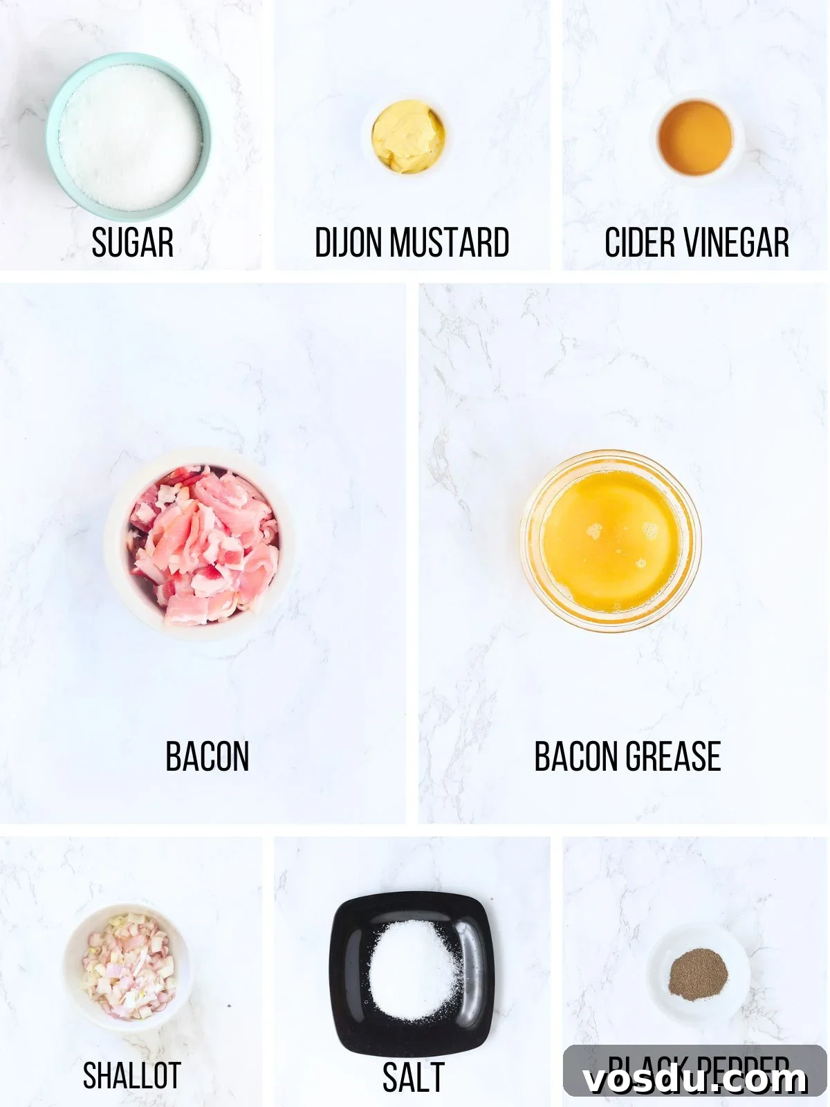 Savory Warm Bacon Vinaigrette for Salads and Vegetables 3 Collage of ingredients needed to make hot bacon dressing.