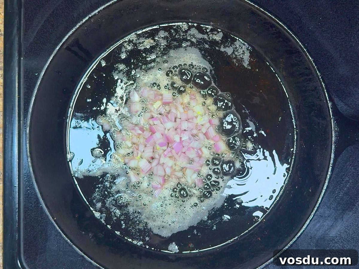 Savory Warm Bacon Vinaigrette for Salads and Vegetables 6 Cooking diced shallots in the rendered bacon fat.