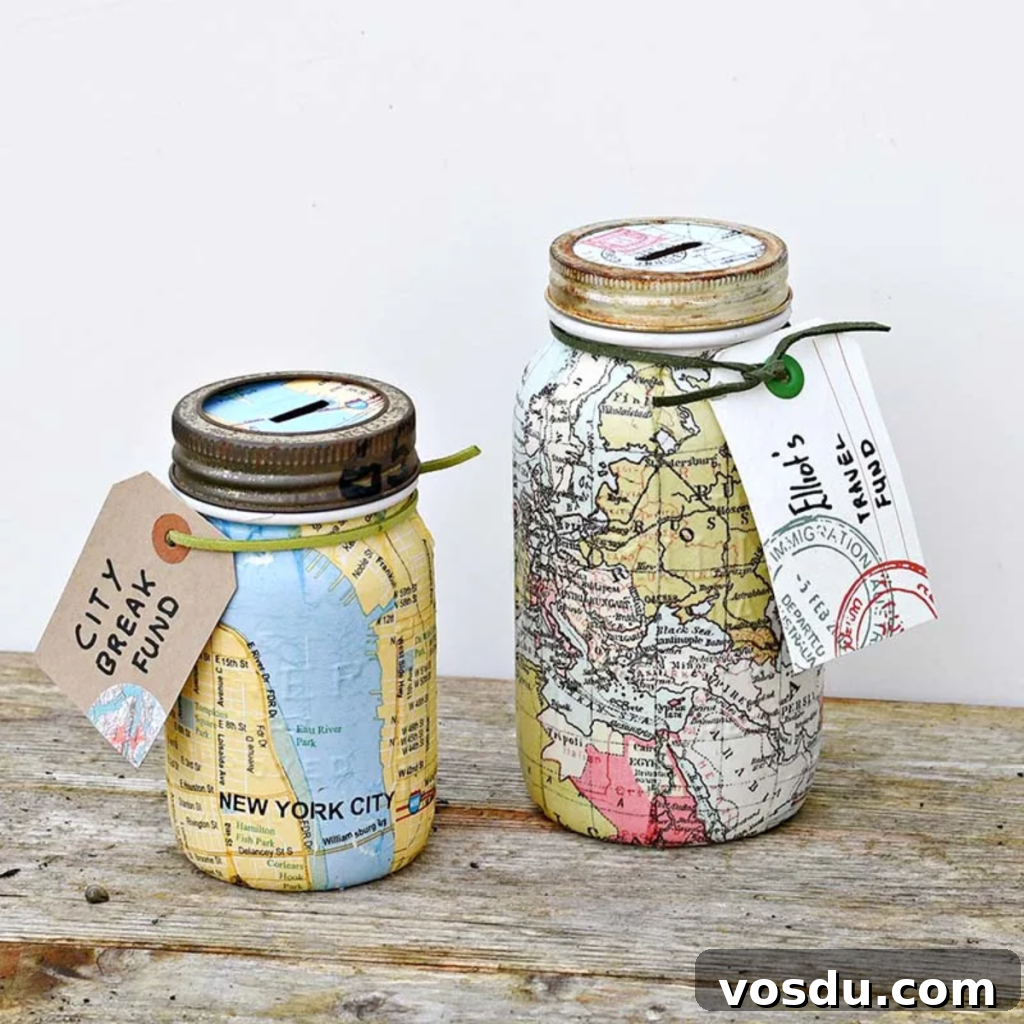 10 Creative DIY Piggy Banks You Can Make at Home 4 travel-themed map Mason jar bank.