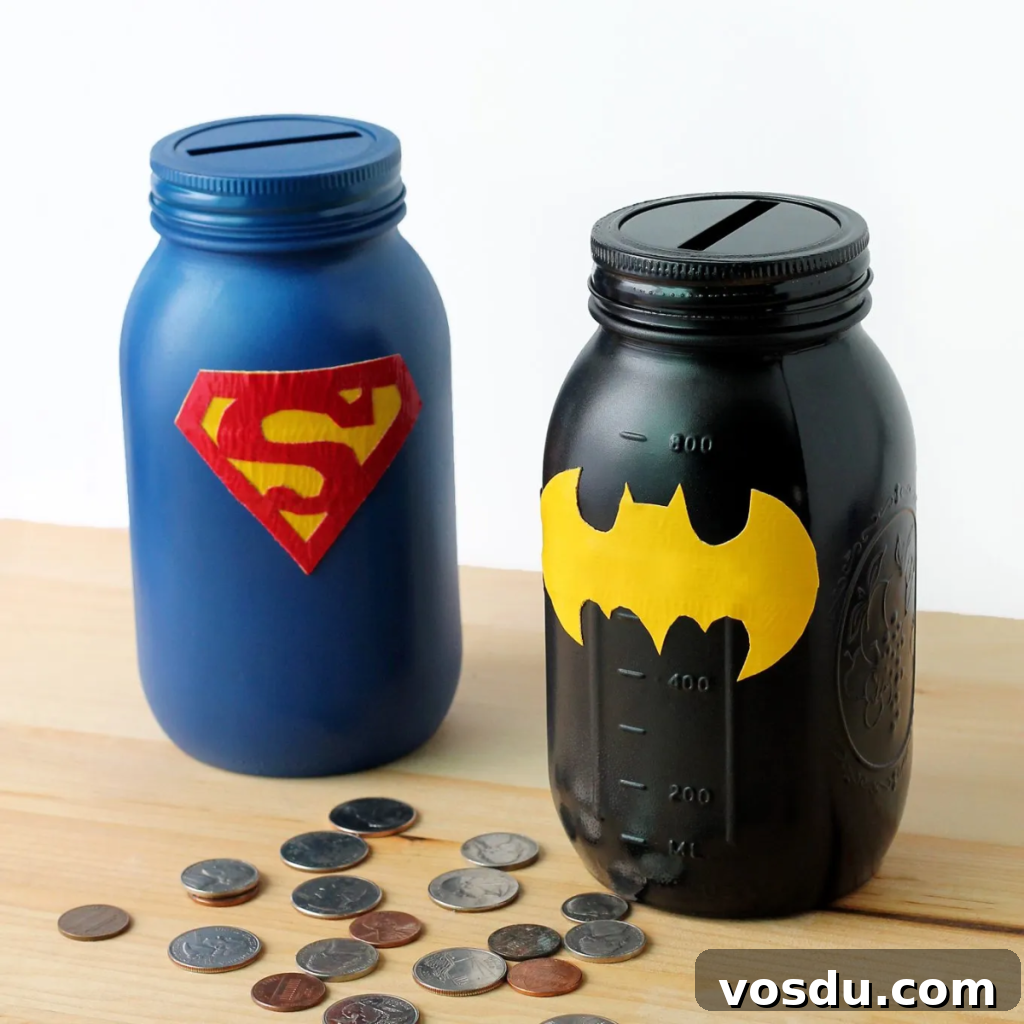 10 Creative DIY Piggy Banks You Can Make at Home 7 Mason Jar Banks Painted with Superman and Batman design