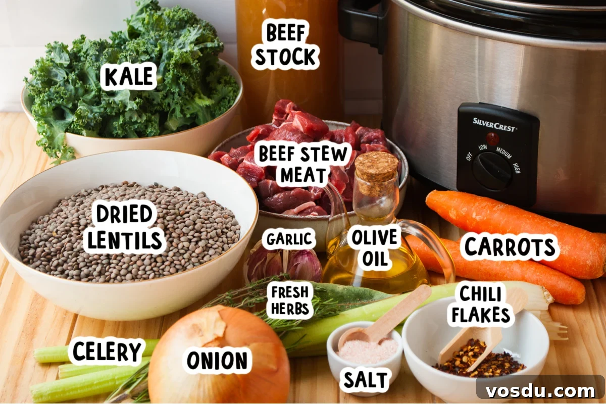 Hearty Slow Cooker Beef and Lentil Soup Recipe 3 ingredients for slow cooker beef and lentil soup on a table.