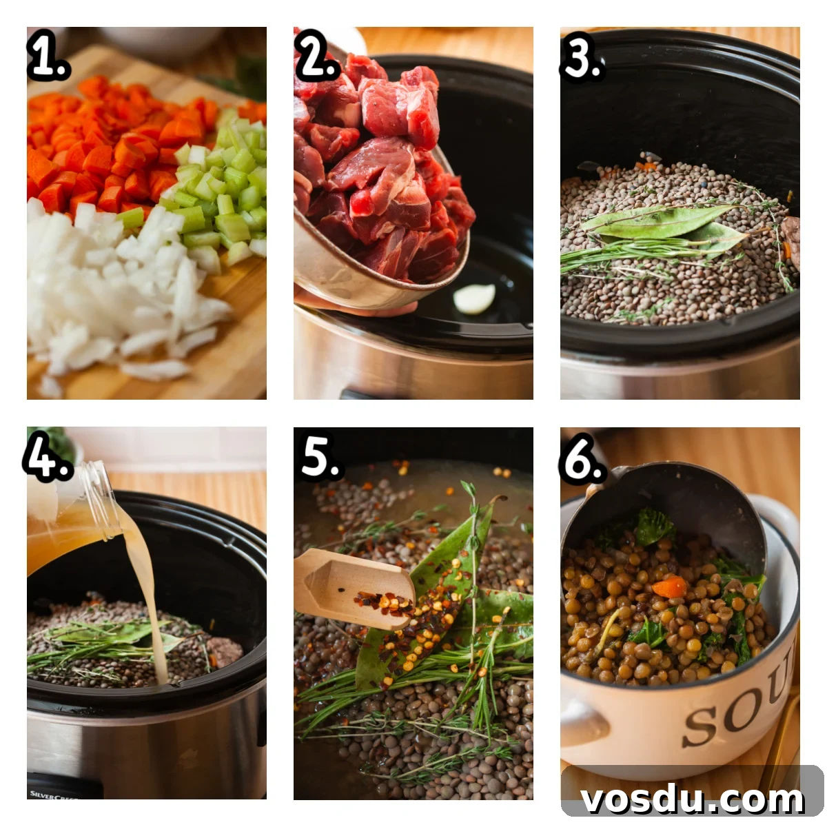Hearty Slow Cooker Beef and Lentil Soup Recipe 4 six images showing how to make slow cooker beef and lentil soup.