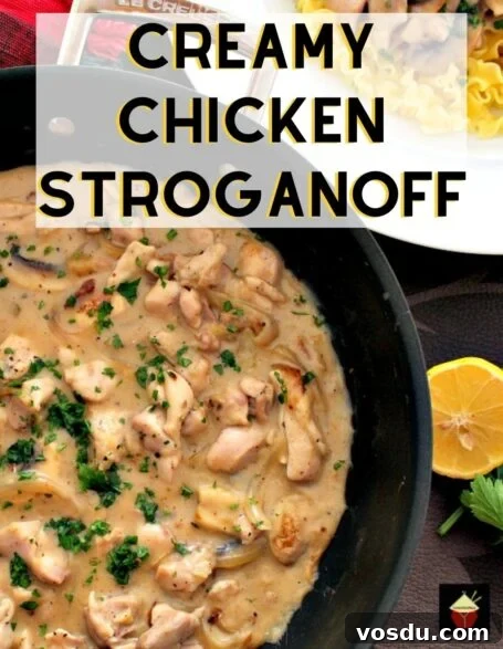 Creamy Chicken Stroganoff Recipe: Quick Weeknight Dinner Idea 2 Creamy Chicken Stroganoff is a quick and easy dinner, with delicious strips of chicken and sauteed mushrooms in a creamy sauce using low fat yogurt!