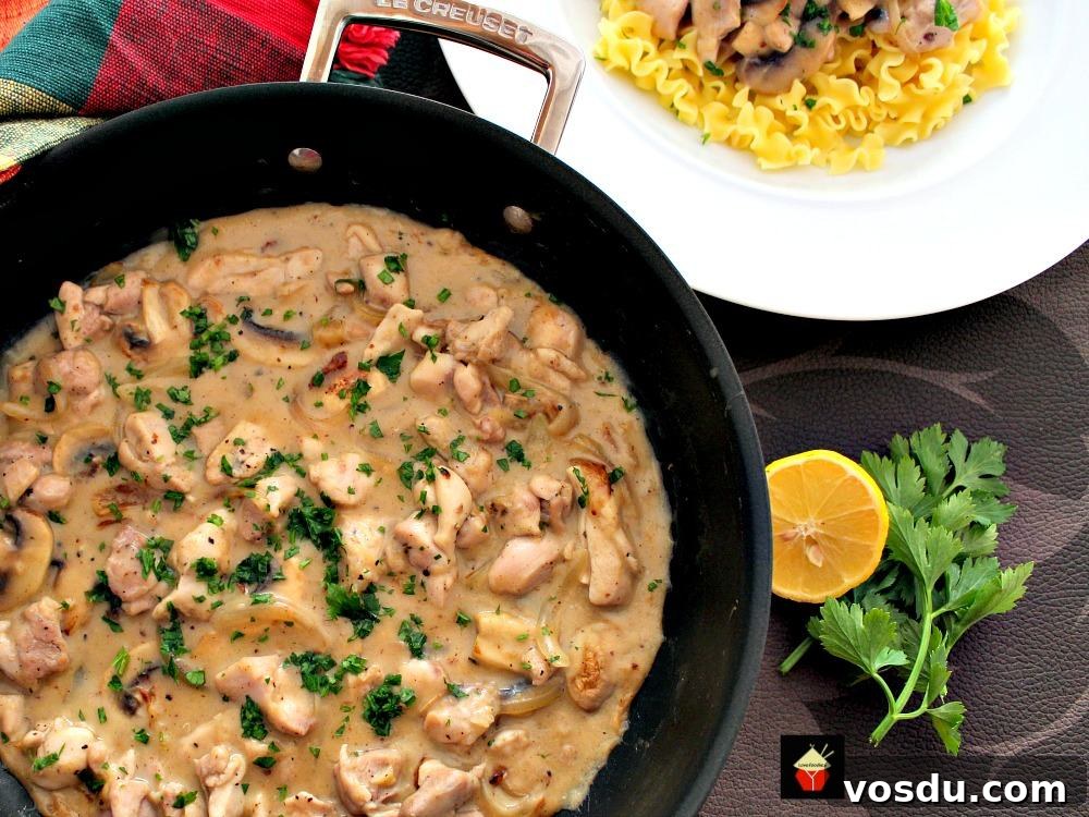 Creamy Chicken Stroganoff Recipe: Quick Weeknight Dinner Idea 4 Creamy Chicken Stroganoff is a quick and easy dinner, with delicious strips of chicken and sauteed mushrooms in a creamy sauce using low fat yogurt!