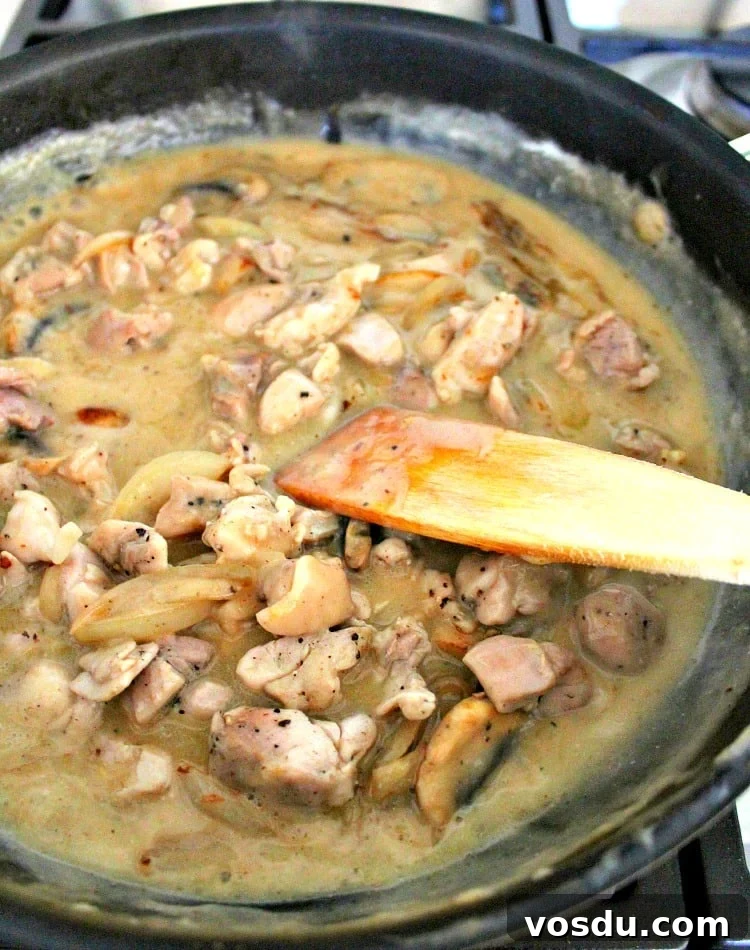 Creamy Chicken Stroganoff Recipe: Quick Weeknight Dinner Idea 5 Creamy Chicken Stroganoff is a quick and easy dinner, with delicious strips of chicken and sauteed mushrooms in a creamy sauce using low fat yogurt!