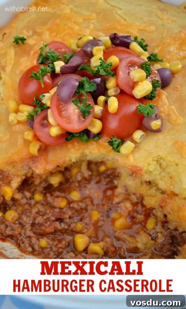 Mexicali Hamburger Casserole topped with cornbread batter