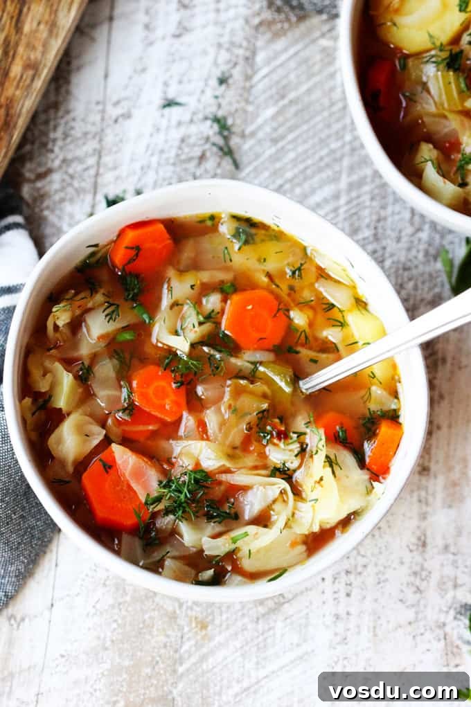 Slow Cooker Cabbage Soup - easy, vegan, gluten-free. Set it and forget it. Let your crockpot cook your dinner. Crockpot cabbage soup in a bowl with spoon.