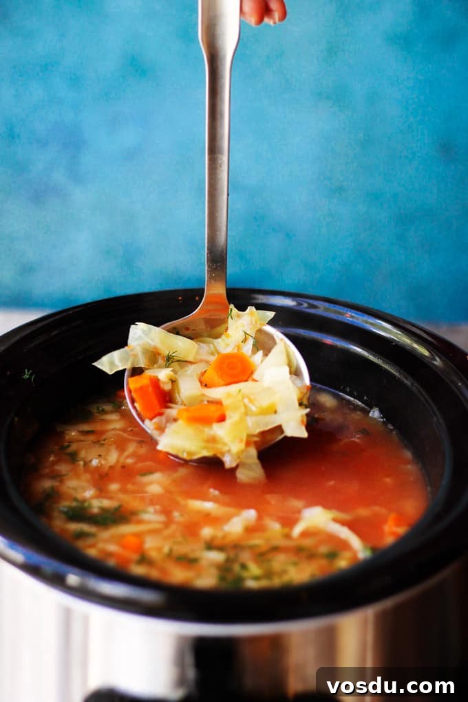 Slow Cooker Cabbage Soup - easy, vegan, gluten-free. Set it and forget it. Let your crockpot cook your dinner. Cabbage Soup in a slow cooker with ladle