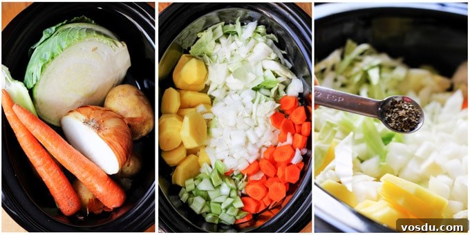 Comforting Slow Cooker Cabbage Soup Recipe for Cozy Nights 2 3 photos of preparing slow cooker cabbage soup
