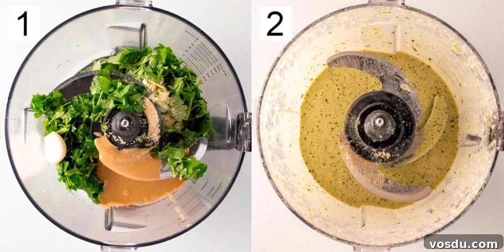 Split image with number one on the left showing herbs and tahini in a processor, and on the right number two the blended contents.