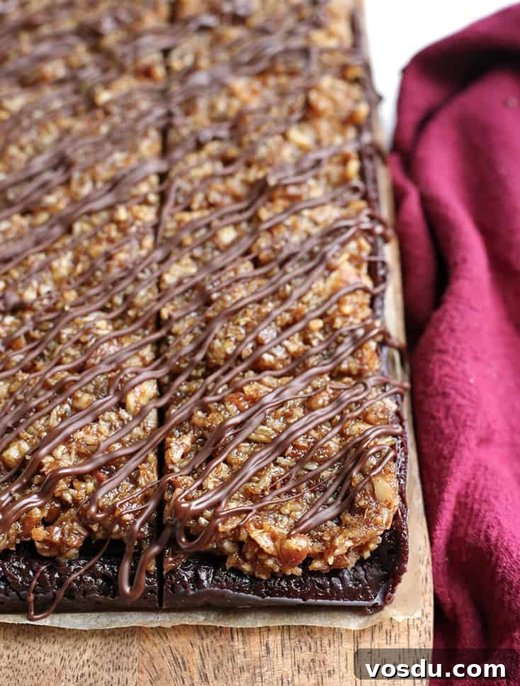Paleo Vegan German-Style Chocolate Brownies 2 vegan paleo german chocolate brownies. Cut and drizzled with chocolate