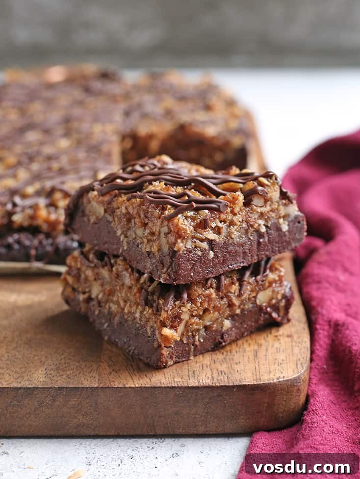 Paleo Vegan German-Style Chocolate Brownies 3 stack of two vegan paleo german chocolate brownies
