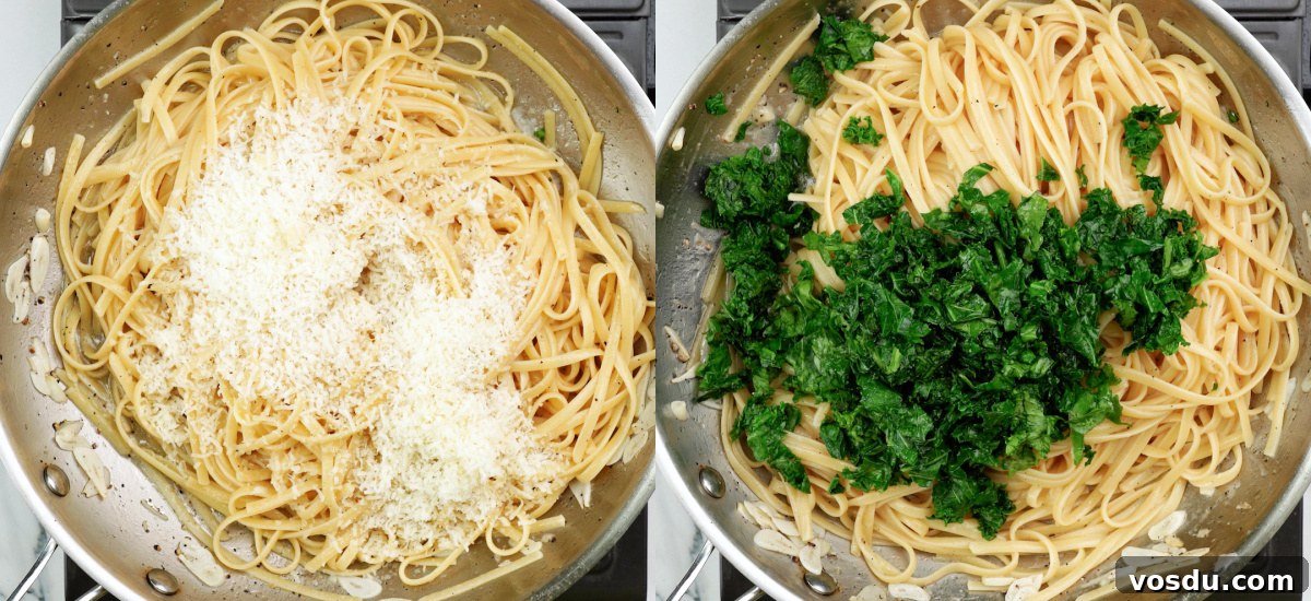 Zesty Lemon Kale Pasta Recipe for Light Weeknight Dinners 7 To Lemon sauce add cooked linguine, parmesan cheese, seasoning and kale