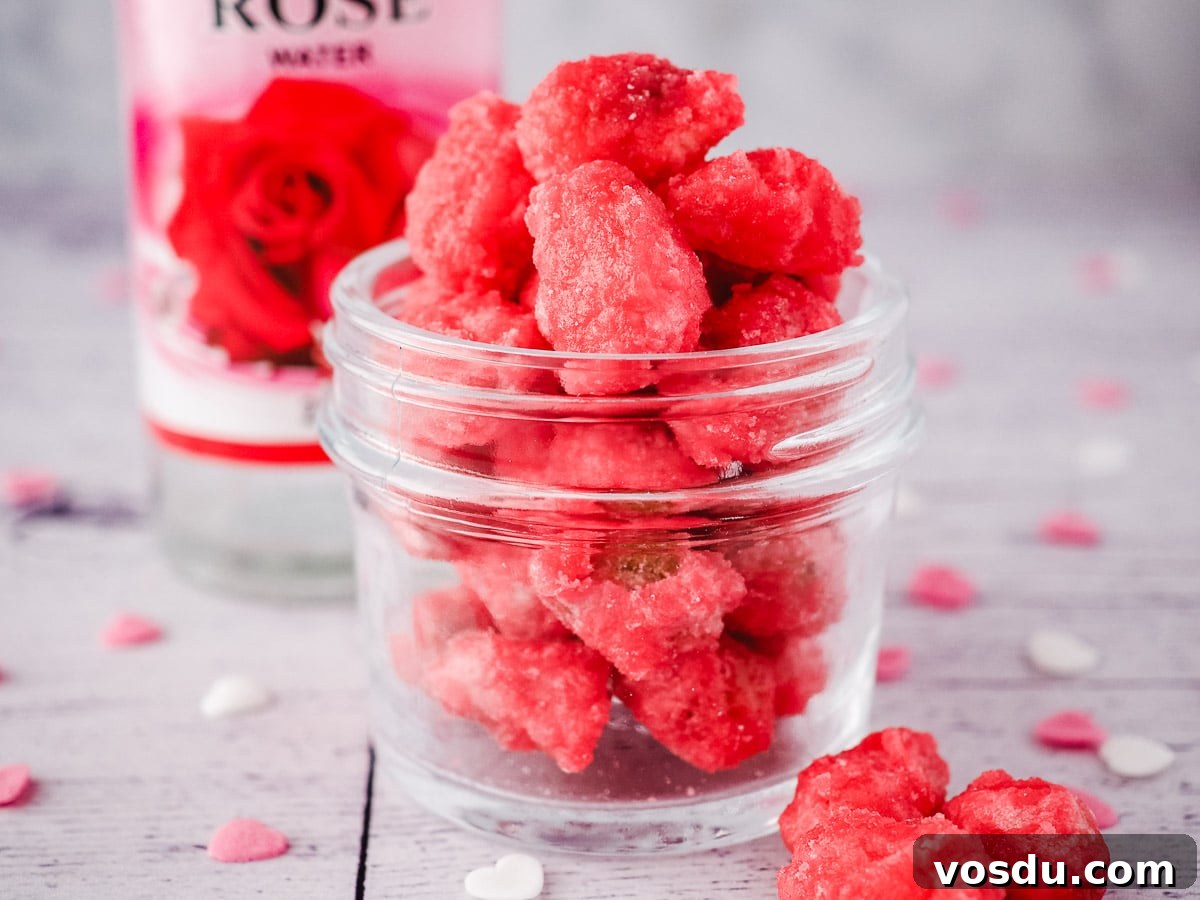 Pink Praline Candies: Classic French Praline Roses Recipe 4 Small mason jar filled with pralines, surrounded by hear sprinkles, with rose water in the background.