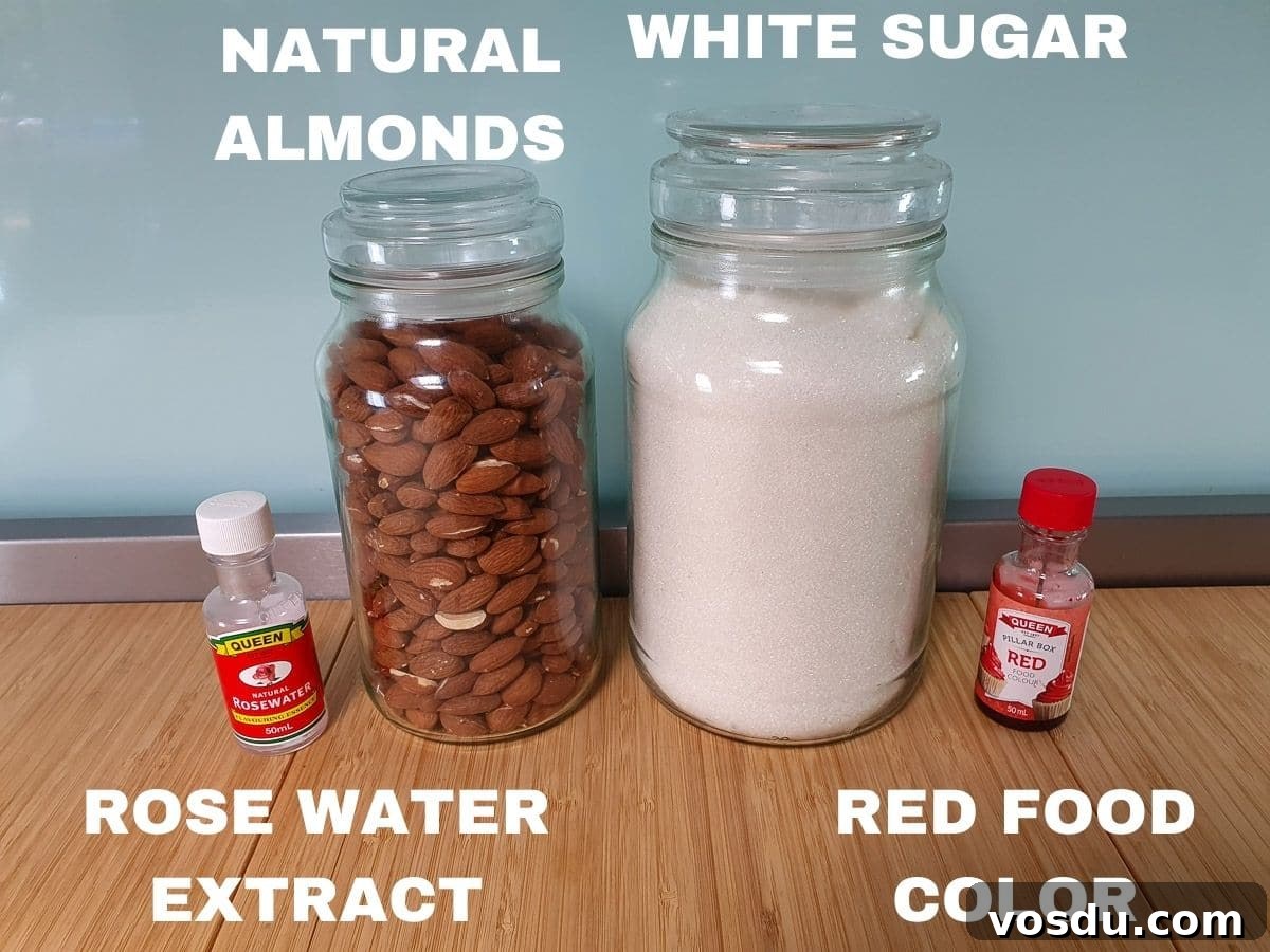 Pink Praline Candies: Classic French Praline Roses Recipe 5 Ingredients: natural almonds, rose water extract, white sugar, red food color.