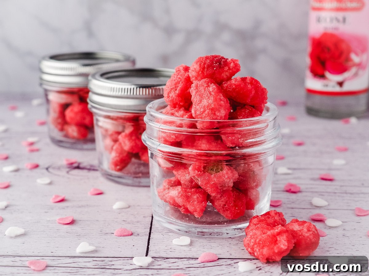 Pink Praline Candies: Classic French Praline Roses Recipe 6 Row of small mason jars filled with pralines, surrounded by hear sprinkles, with rose water in the background.