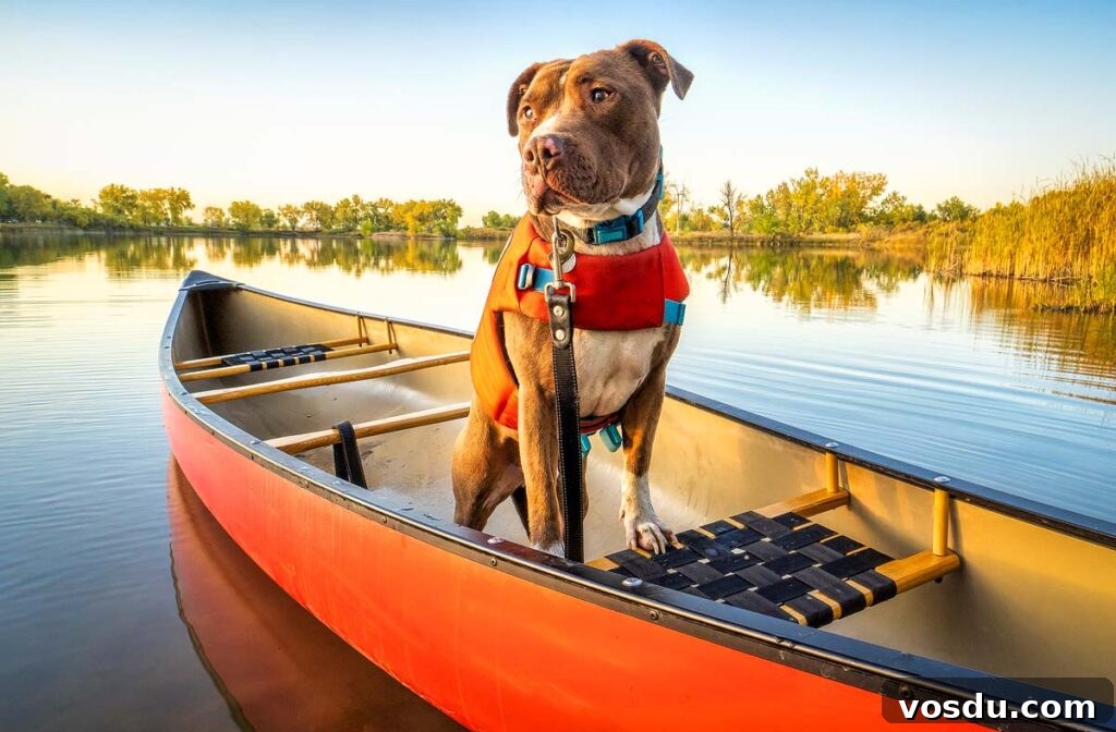 13 Reasons Dogs Are More Loyal Than Most People 18 Pit bull dog in a life jacket in a red canoe on a calm lake.