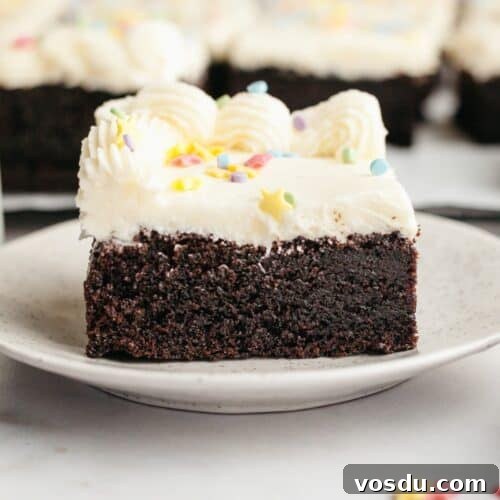 A slice of moist chocolate sheet cake with vanilla buttercream.