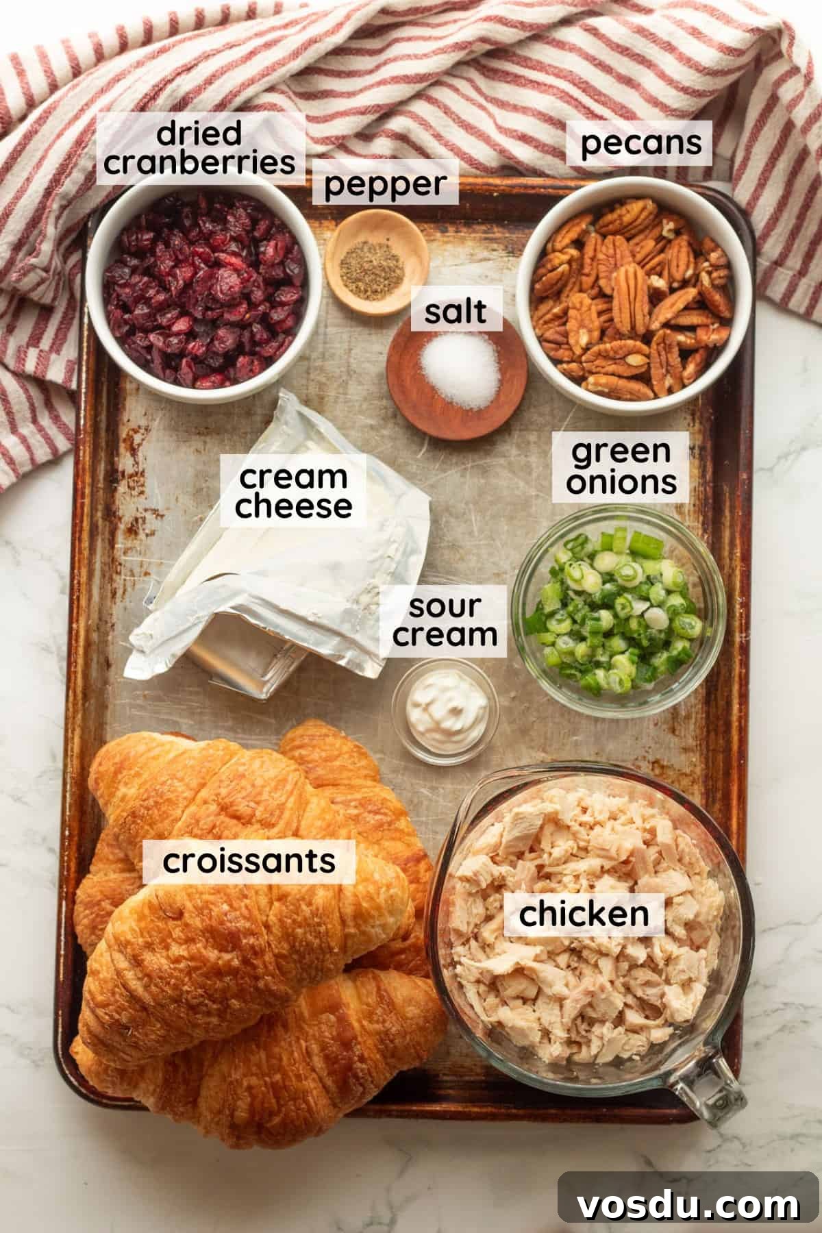 Cranberry Chicken Salad with Toasted Pecans and Citrus Vinaigrette 3 Ingredients for cranberry chicken pecan salad in glass bowls labeled.