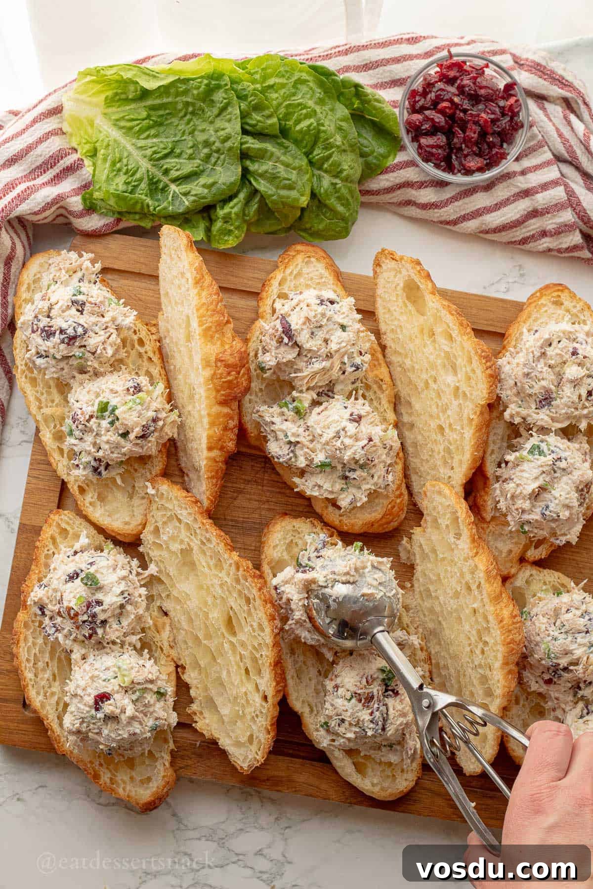 Cranberry Chicken Salad with Toasted Pecans and Citrus Vinaigrette 7 Scooping chicken pecan salad onto sliced croissants with metal scoop.