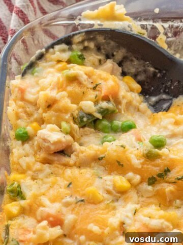 Baked Chicken and rice casserole in glass baking dish.