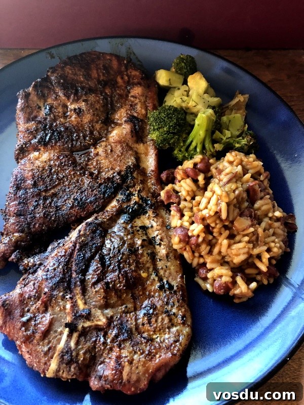 Taco Seasoned Grilled Steaks served with broccoli and beans & rice on blue plate from www.ApronFreeCooking.com