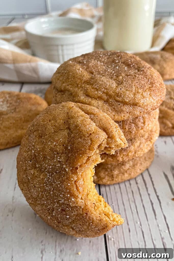 pumpkin snickerdoodle cookies stacked on top of each other with one cookie that has a bite taken out of it placed in front of the stacked cookies.