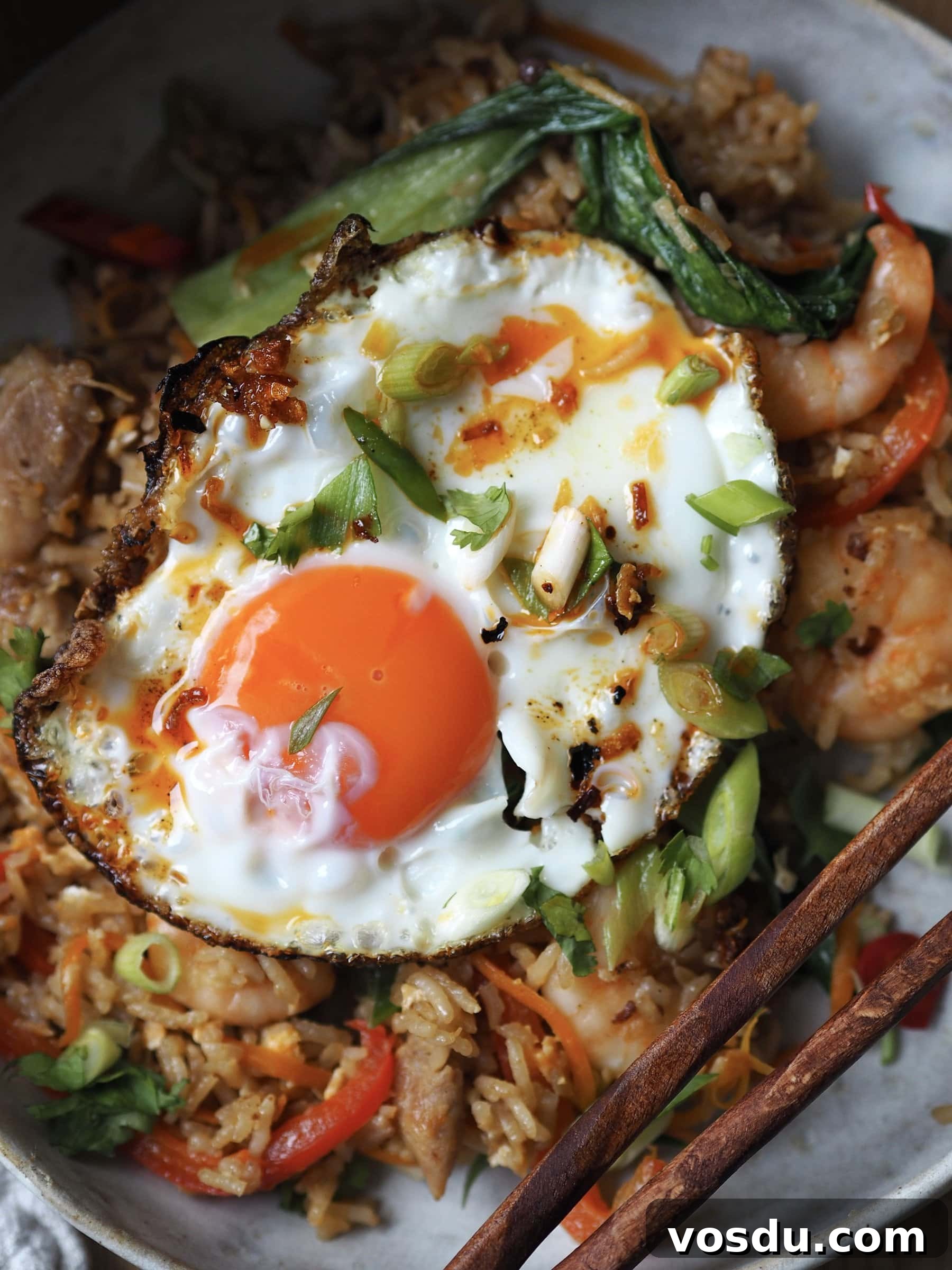 Shrimp and Chicken Fried Rice Recipe: Flavorful Weeknight Stir-Fry 11 Fried egg on top of Shrimp and Chicken Fried Rice
