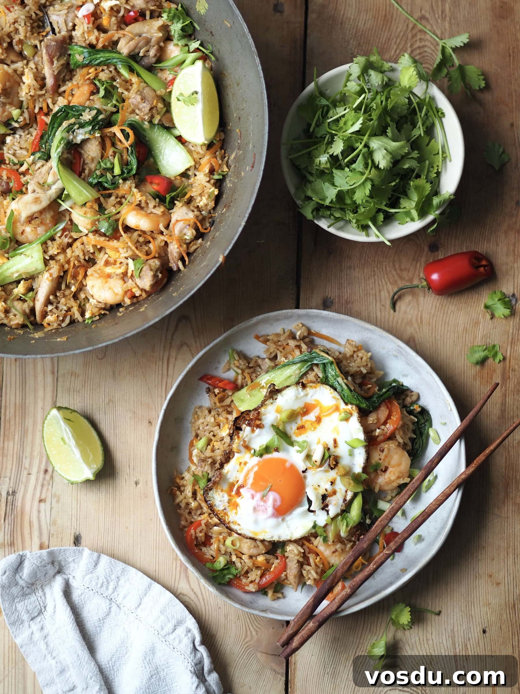 Shrimp and Chicken Fried Rice Recipe: Flavorful Weeknight Stir-Fry 9 Pan with Shrimp and Chicken Fried Rice and a bowl of Shrimp and Chicken Fried Rice with a fried egg.