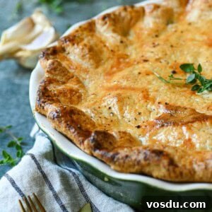 Close up of chicken pot pie showing a golden crust.