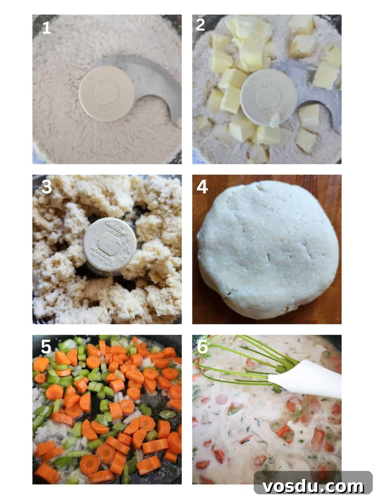 A collage of six images showing how to make dough for chicken pot pie.