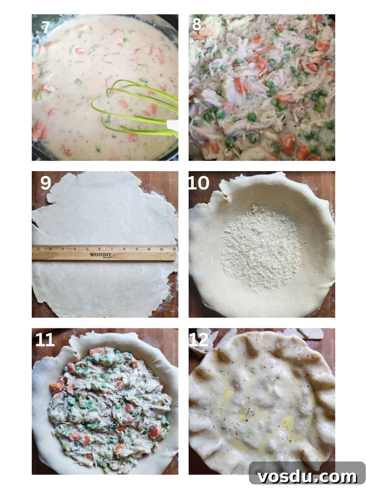 A collage of 6 images showing how to roll out and assemble a chicken pot pie.