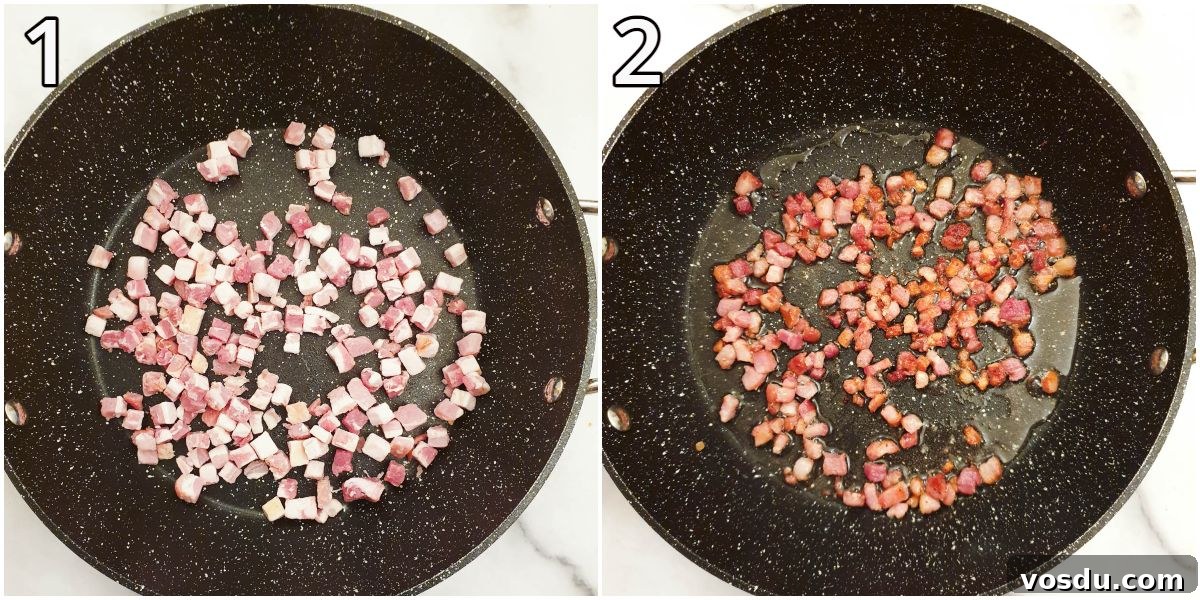 Pancetta lardons frying in a pan.