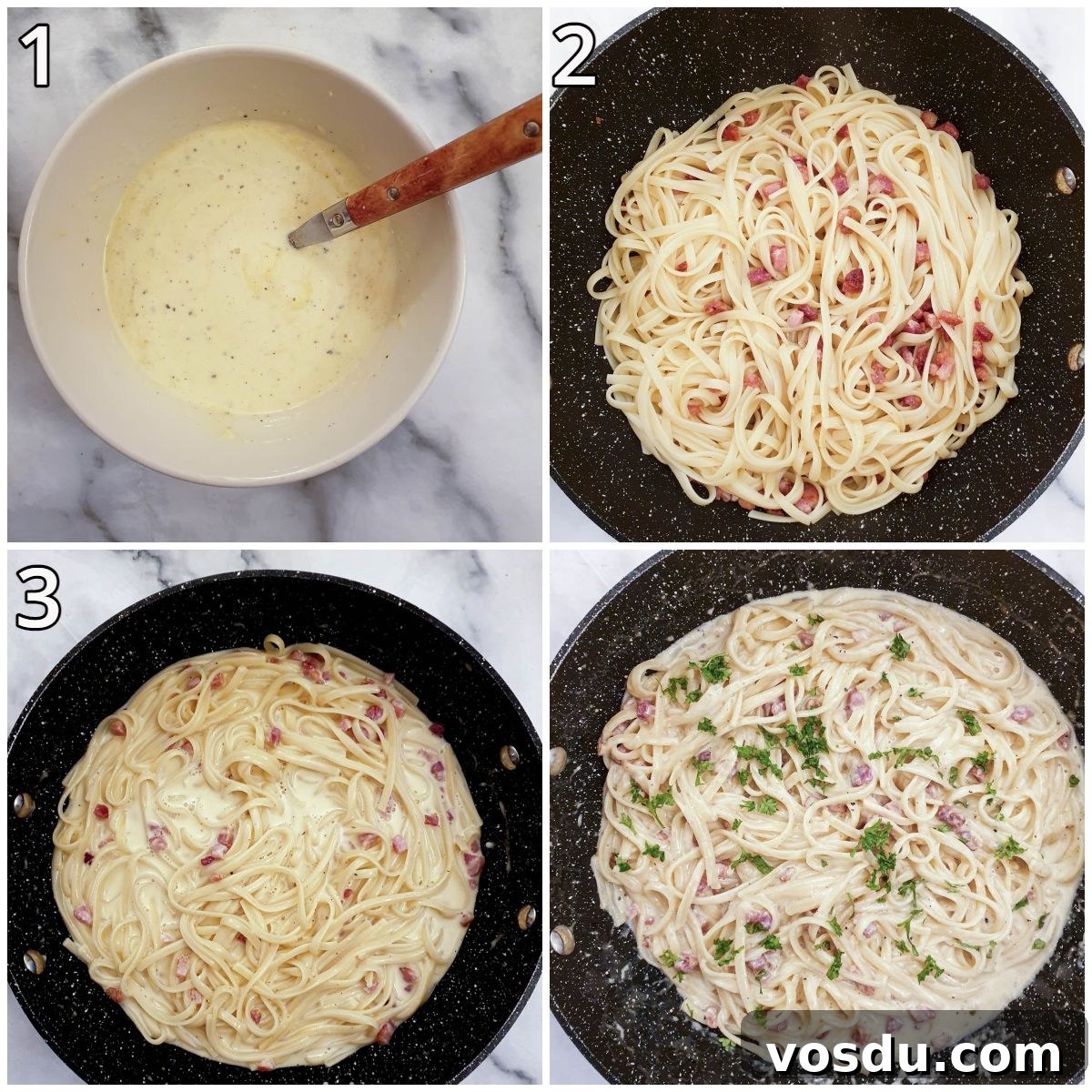 Steps for mixing the sauce into the pasta.
