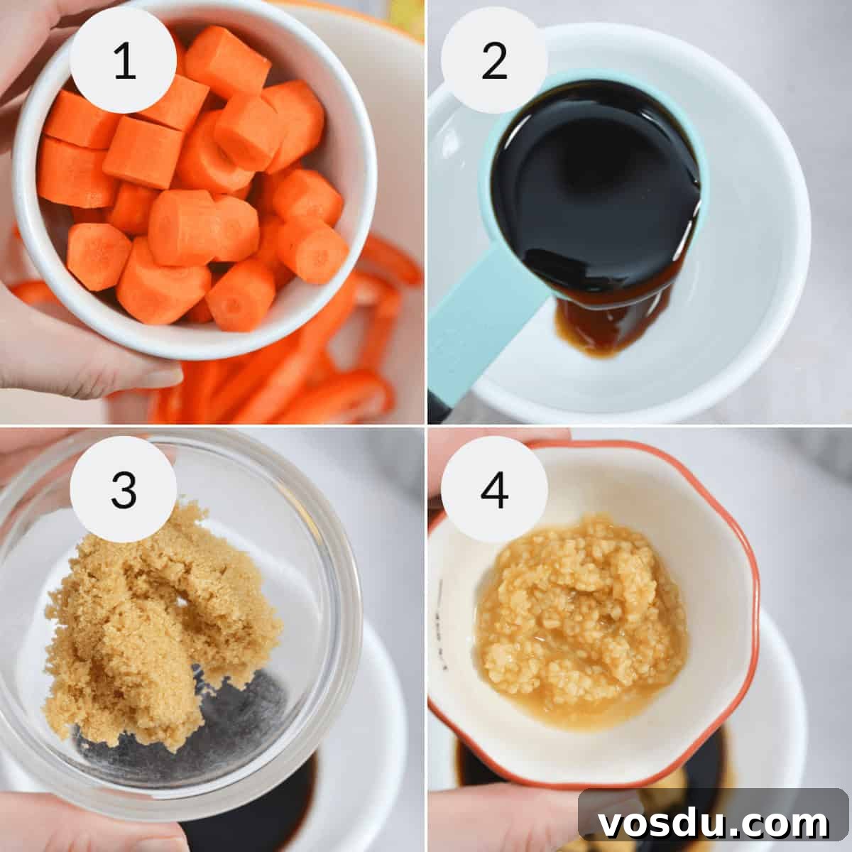 A series of photos showing how to make the sauce.