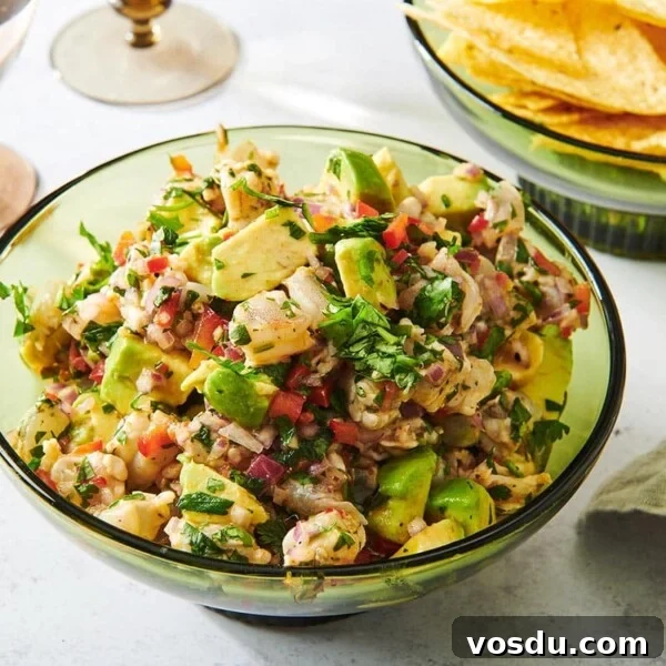 Glass bowl of colorful Shrimp Ceviche.