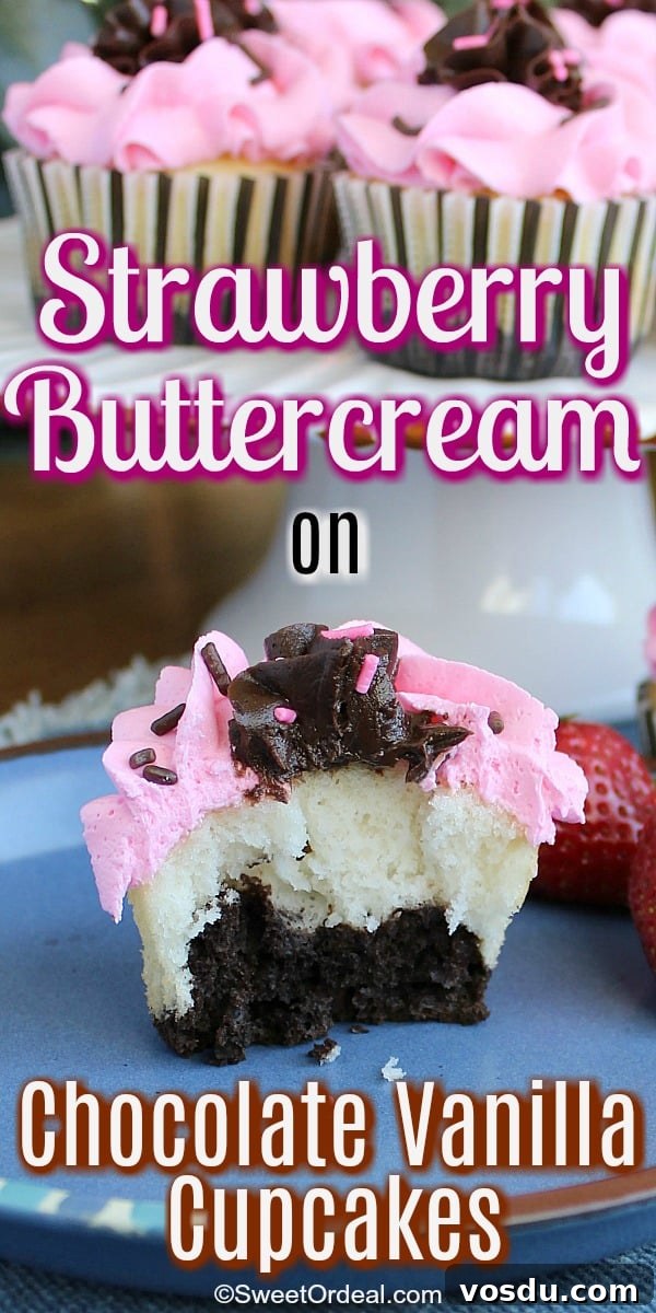 Frosted cupcake showing chocolate and vanilla layers.