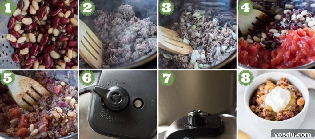 eight frame process shot collage for instant pot gluten free chili