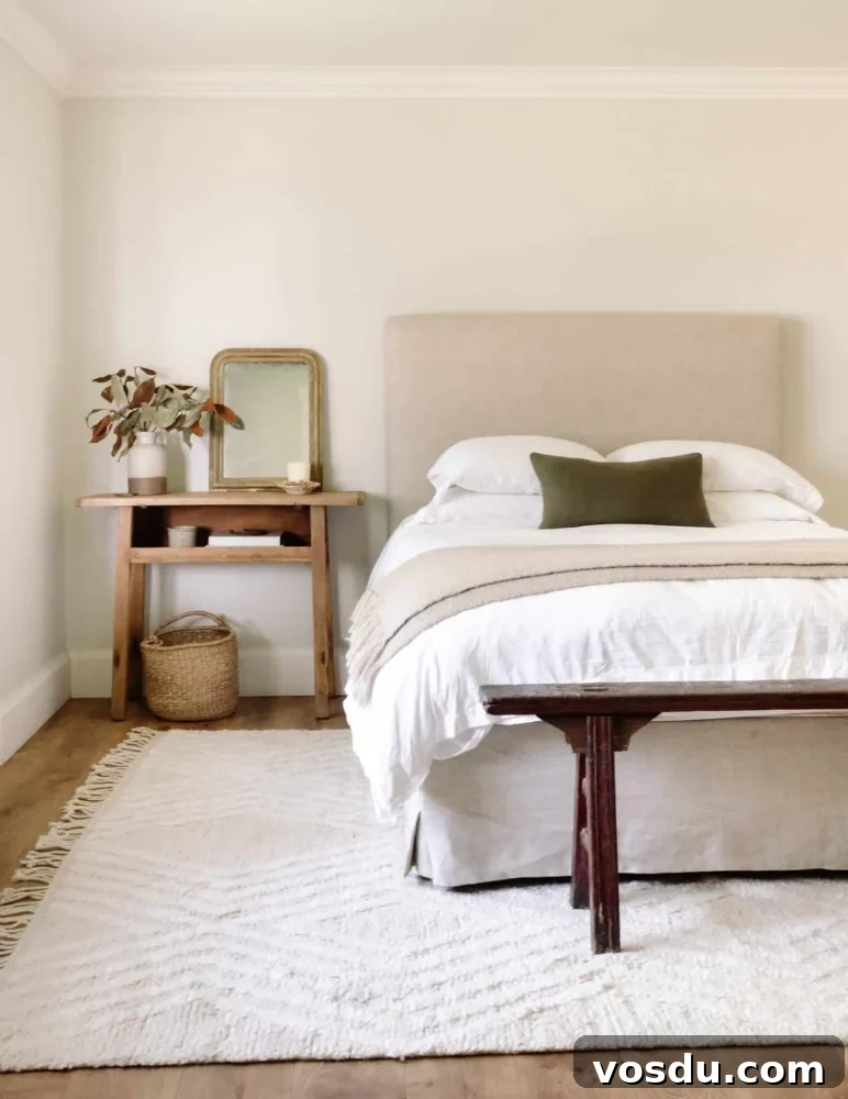 neutral bedroom scene with a light textured rug, taupe linen headboard and bedskirt, white duvet with a cream throw blanket and an olive green pillow. Light wood nightstand with plant, mirror and candle on top and a wicker basket below. Vintage wood bench at the end of the bed.